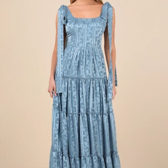 Lulus Picturesque Allure Slate Blue Jacquard Tie-Strap Maxi Dress - Picture 5 of 8